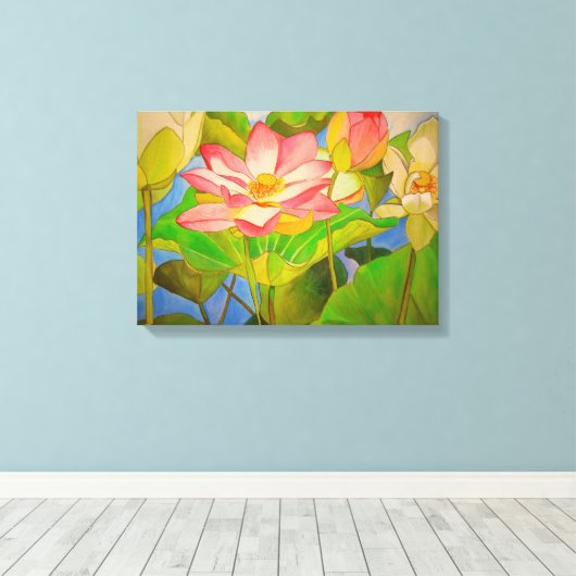 Lotus roze, waterlly waterverf kunst schilderij canvas afdruk (Insitu (Houten vloer))