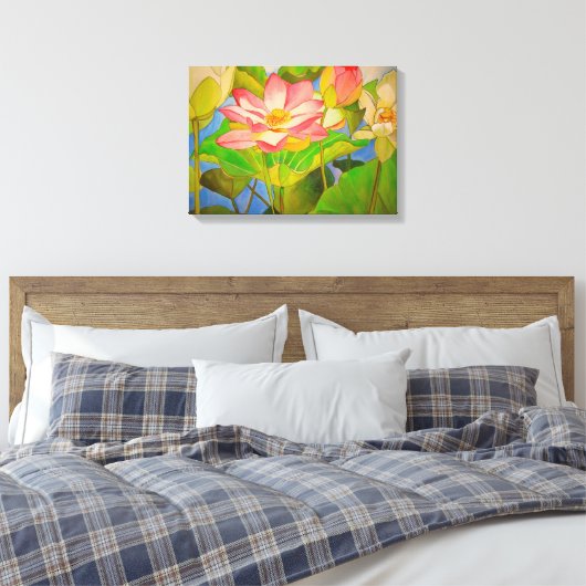 Lotus roze, waterlly waterverf kunst schilderij canvas afdruk (Insitu (Slaapkamer))