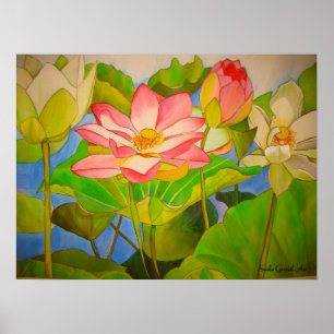 Lotus roze, waterlly waterverf kunst schilderij poster