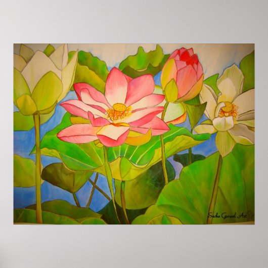 Lotus roze, waterlly waterverf kunst schilderij poster (Voorkant)