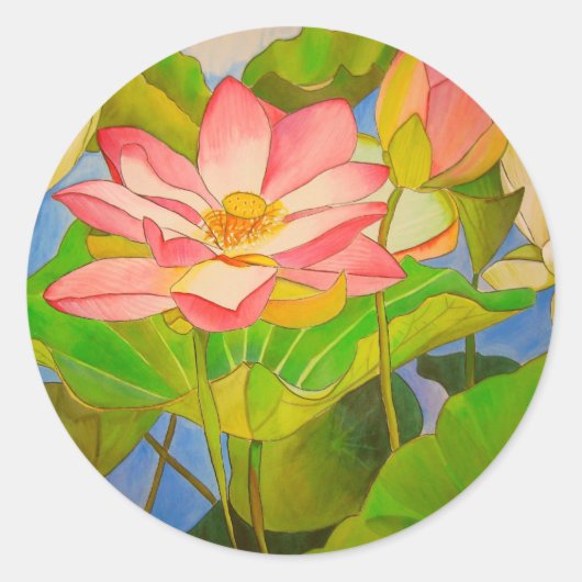 Lotus roze, waterlly waterverf kunst schilderij ronde sticker (Voorkant)