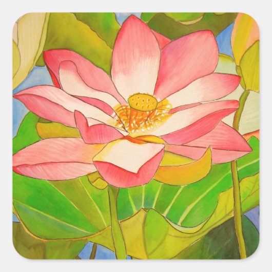 Lotus roze, waterlly waterverf kunst schilderij vierkante sticker (Voorkant)