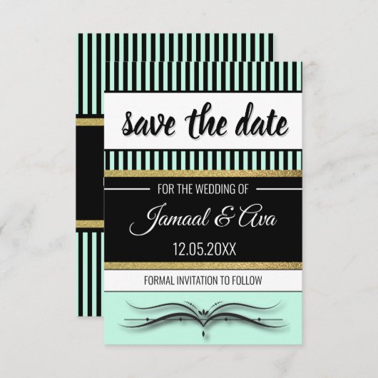 Lotus Scroll & Stripes - Gold Foil Save The Date (Voorkant / Achterkant)