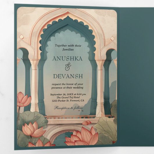 Lotus Vijver Rustiek Indiaas Paleis Bruiloft Drieluik Uitnodiging (Binnenzijde eerst)