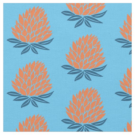 Lotus Waterlily Oranje Blue Pattern Stof (Close Up)