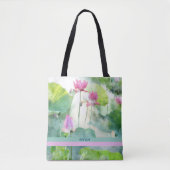 Lotus zomer, pastel waterverven, sjabloon, tote bag (Voorkant)