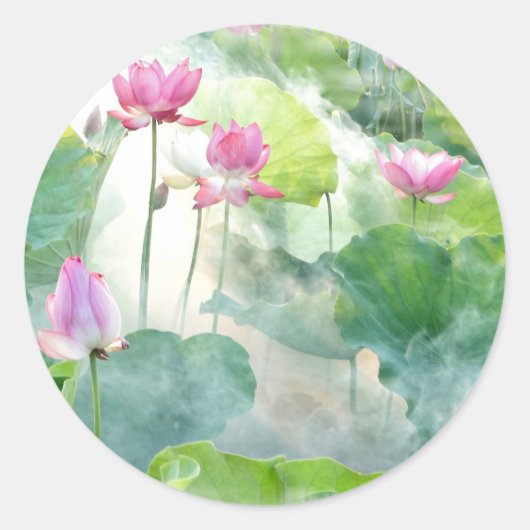 Lotus zomer, pastelroze waterplant ronde sticker (Voorkant)