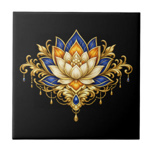 Lotusbloem blauw goud zwart bloemmotief Indiase mu Tegeltje