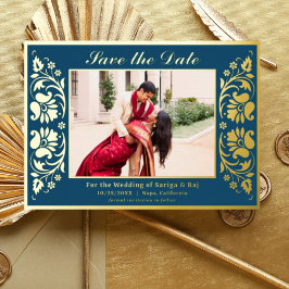 Lotusbloem Indische Save The Date met foto Goud Folie Uitnodiging