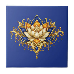 Lotusbloem kobaltblauw gouden bloemenkleed Indiase Tegeltje