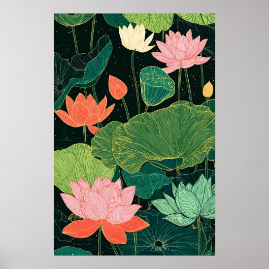 Lotusbloem Kunstprint Moderne Linoleumsnede Botani Poster (Voorkant)