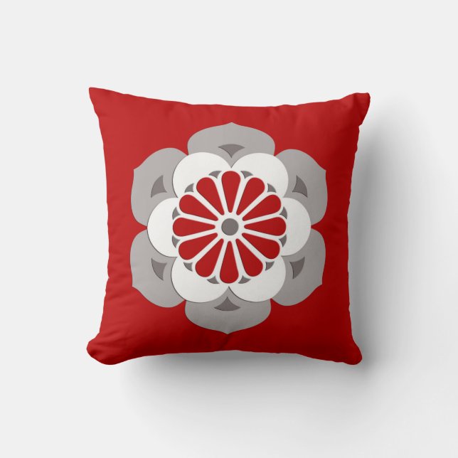Lotusbloem Mandala, donkerrood, grijs en wit Kussen (Voorkant)