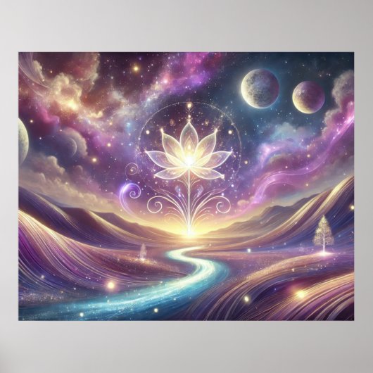 Lotusbloem met kosmische hemel en stromende rivier poster (Voorkant)
