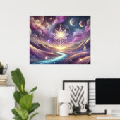 Lotusbloem met kosmische hemel en stromende rivier poster (Thuiskantoor)