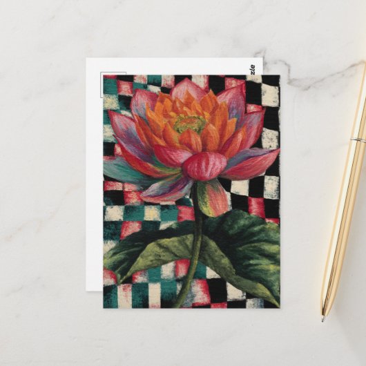 Lotusbloem op geruit achtergrond briefkaart (Voorkant / Achterkant in situ)