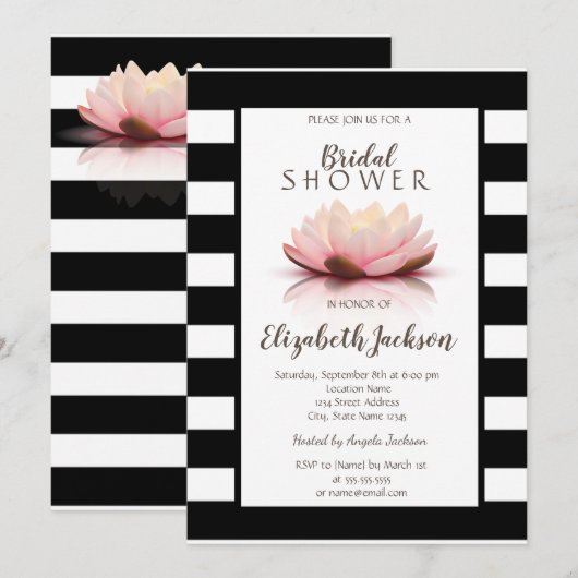 Lotusbloem Zwart Witte Strepen Bruidsmeisjesfeest Kaart (Voorkant / Achterkant)