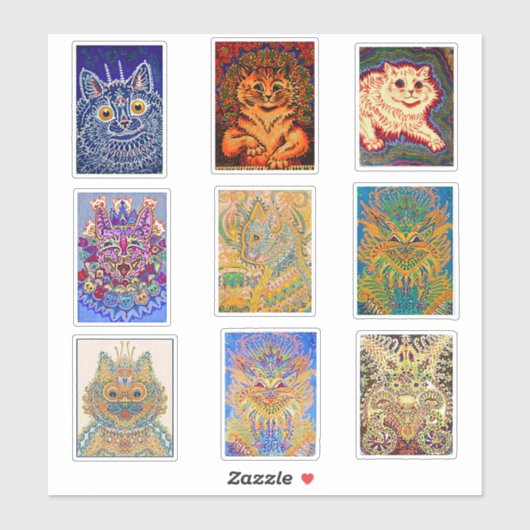 Louis Wain, 9 Psychedelic Cat Paintings Sticker (Vel)