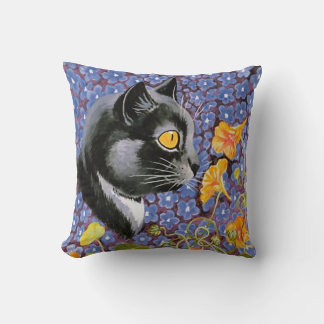  Louis Wain Cat in een Zee Flowers Cushion Kussen (Voorkant)