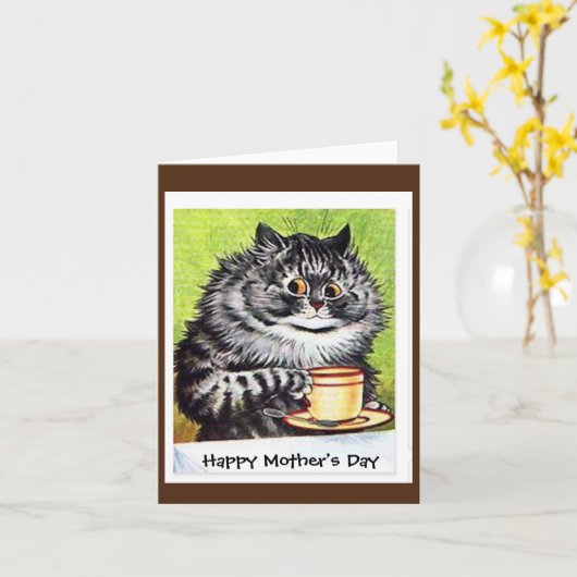Louis Wain, Kat met een koffiebeker, moederdag Kaart (Gele Bloem)