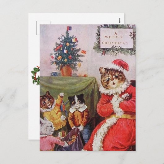 Louis Wain Kerstkat Familie  Briefkaart (Voorkant / Achterkant)