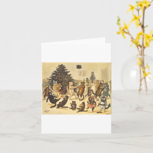 Louis Wain Kerstpartij Kaart (Gele Bloem)