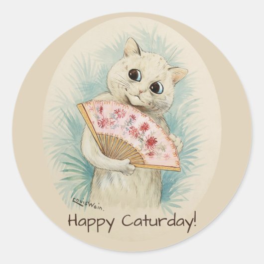 Louis Wain White cat met een fan CC0388 Ronde Sticker (Voorkant)