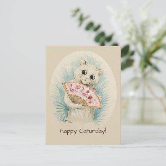 Louis Wain White cat met een fan CC0478 Briefkaart (Staand voorkant)