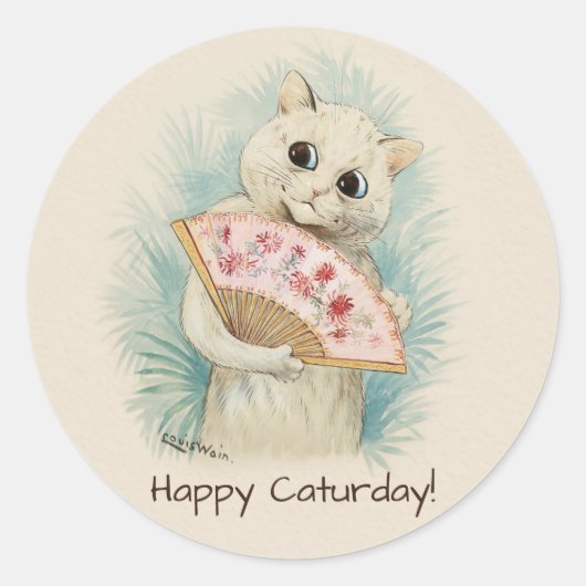Louis Wain White cat met een fan CC0707 Ronde Sticker (Voorkant)