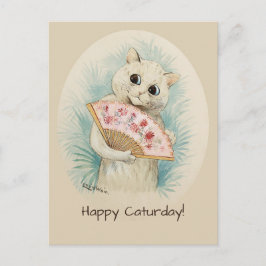 Louis Wain White cat met een fan Happy Caturday Briefkaart