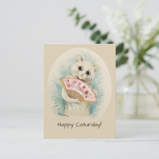 Louis Wain White cat met een fan Happy Caturday Briefkaart (Staand voorkant)