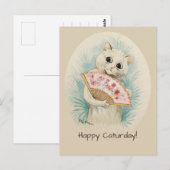 Louis Wain White cat met een fan Happy Caturday Briefkaart (Voorkant / Achterkant)