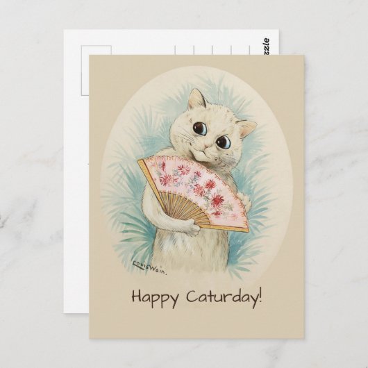 Louis Wain White cat met een fan Happy Caturday Briefkaart (Voorkant / Achterkant)