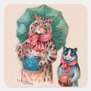 Louis Wain's kat en kitten met paraplu's Vierkante Sticker