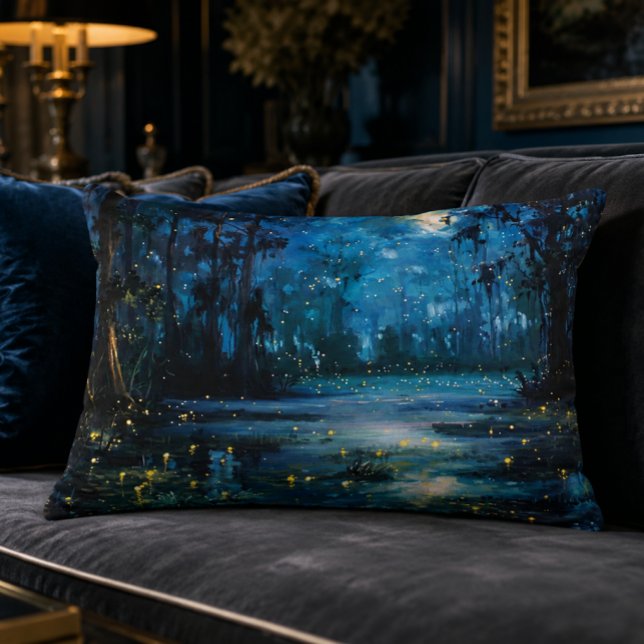 Louisiana Bayou 16x12 Accentkussen Accent Kussen (Louisiana Art | Swamp at Night Oil Painting | Nature | Glowing Fireflies Bayou Art (Digital Print))