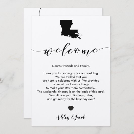 Louisiana bruiloft welkomstbrief en reisschema Kaa Programmakaart (Voorkant / Achterkant)