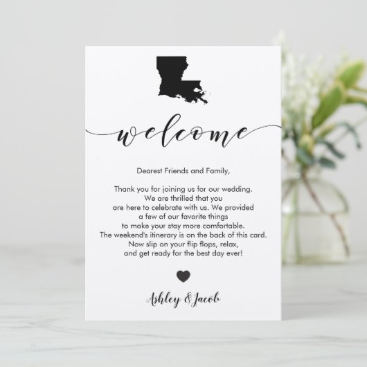 Louisiana bruiloft welkomstbrief en reisschema Kaa Programmakaart (Staand voorkant)