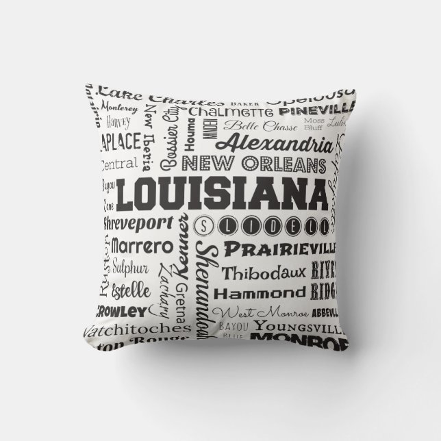 Louisiana Cities Typografielussen wit Kussen (Voorkant)