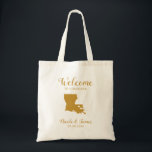 Louisiana Map Destination Wedding Welcome Bag Tote Bag<br><div class="desc">Het weekend van de bruiloft heet cadeautas voor gasten uit de stad voor je bruiloft, met afbeelding van Louisiana, met hart dat je op de precieze locatie kunt plaatsen. . Vul tas met je favoriete godies.</div>