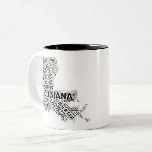Louisiana State Word Cloud Tweekleurige Koffiemok (Voorkant links)