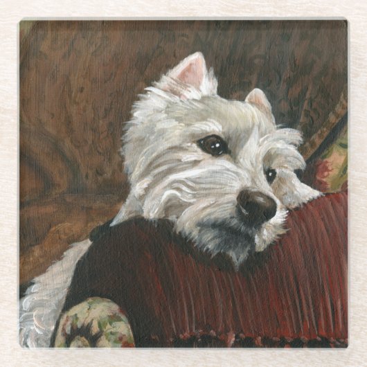 Loungen Westie op de bank Glazen Onderzetter (Voorkant)