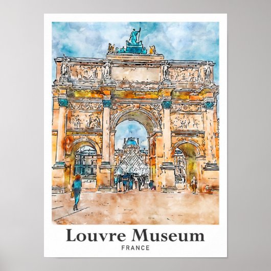 Louvre Museum Frankrijk Waterverf Hand getekend Poster (Voorkant)