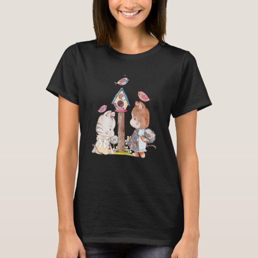 Lovable Cats with Birds in  Patchwork T-shirt (Voorkant)