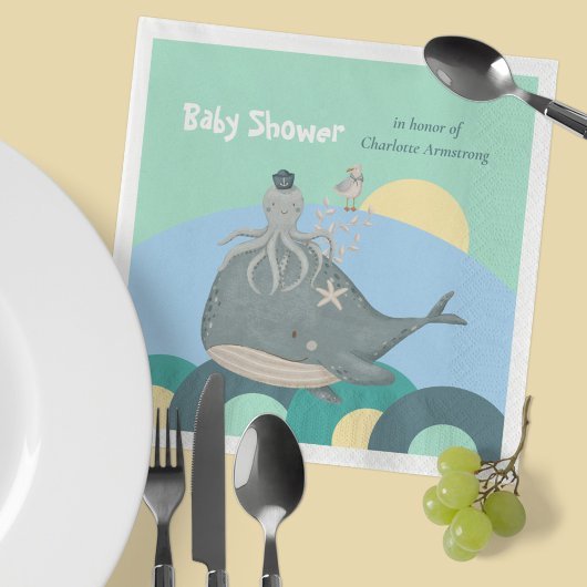 Lovable Nautical Whale Squid Green Baby shower Servet