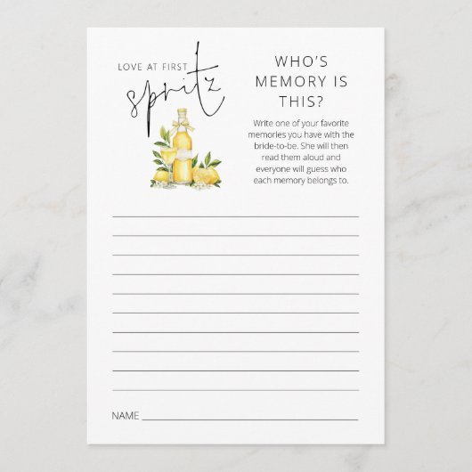 Love 1st Spritz Who's Memory Vrijgezellenfeest Gam Kaart (Voorkant)