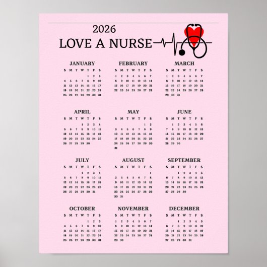 Love a Nurse Heart Stethoscope 2026 Calendar Poster (Voorkant)