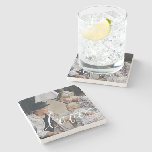 'Love' Aangepaste familiefoto met eigen naam Stenen Onderzetter (Zijkant)