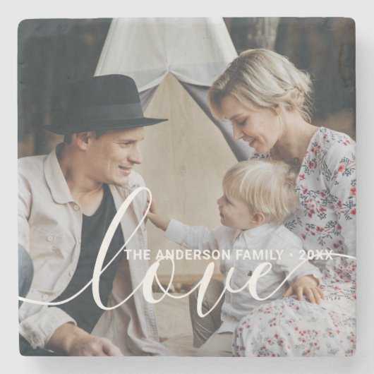 'Love' Aangepaste familiefoto met eigen naam Stenen Onderzetter (Voorkant)
