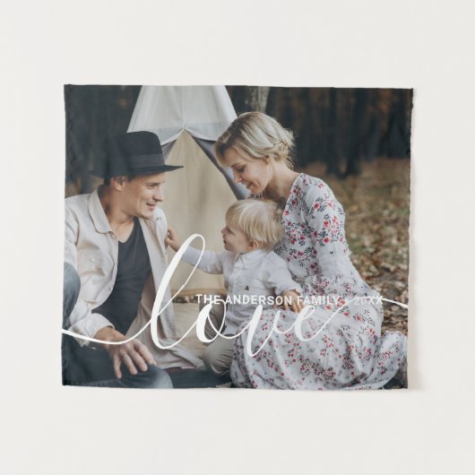'Love' Aangepaste familiefoto met eigen naam Wandkleed (Voorkant (horizontaal))