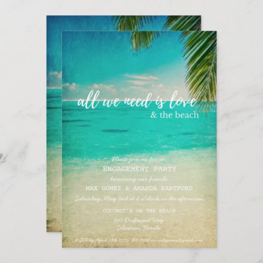Love and Beach Engagement Party Invitation Kaart (Voorkant / Achterkant)