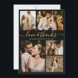 Love and Bedankt Gold Script Photo Collage Wedding<br><div class="desc">Elegant Script Gold en Black Wedding Photo Collage Hartelijk dank. Moderne, minimale bruiloft bedankt je sjabloon met vijf (5) foto op de voorkant en één (1) foto op de achterkant. Met de tekst "Liefde en bedankt" in een prachtige hand die typografische manuscriptdoopvont in goud op zwarte achtergrond lettert. Pas jouw...</div>